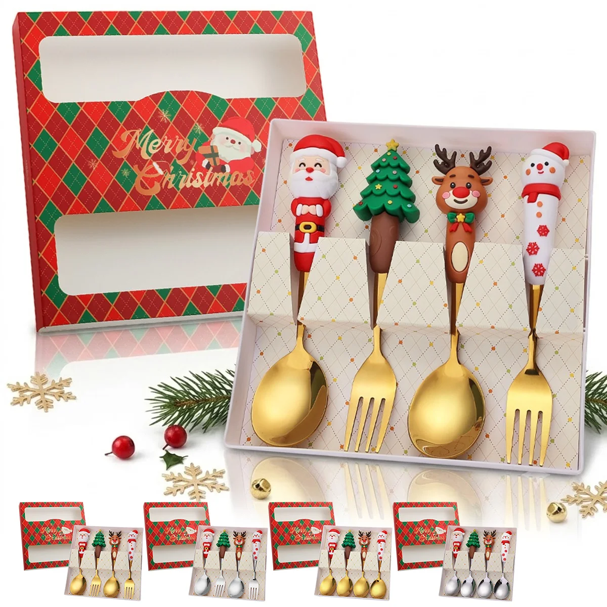 Large Stainless Steel Christmas Spoon and Christmas Fork Set, Dessert Ice Cream Spoon and Cake Fork, a Gift for Christmas Party