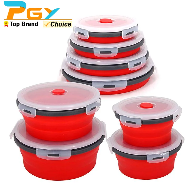 3/4pcs Set Round Silicone Folding Lunch Box Microwave Folding Bowl Portable Folding Food Container Box Salad Bowl With Lid