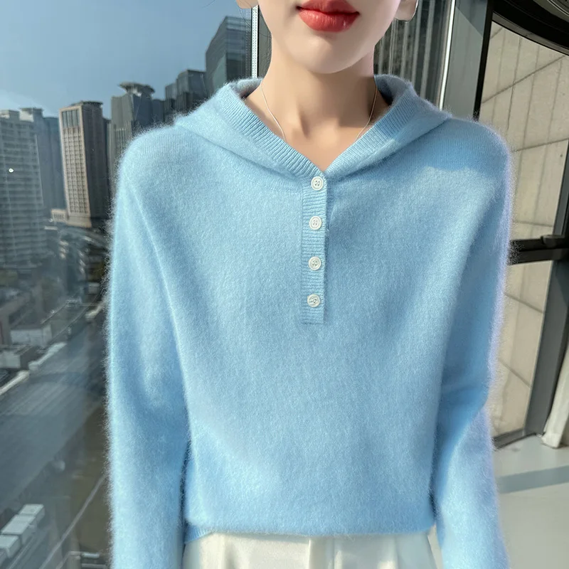 

100%Pure Mink Cashmere Hooded Sweater Women's Hooded Collar Loose Knitted Pullover Casual Joker Thick Hoodie New Warm Base Shirt