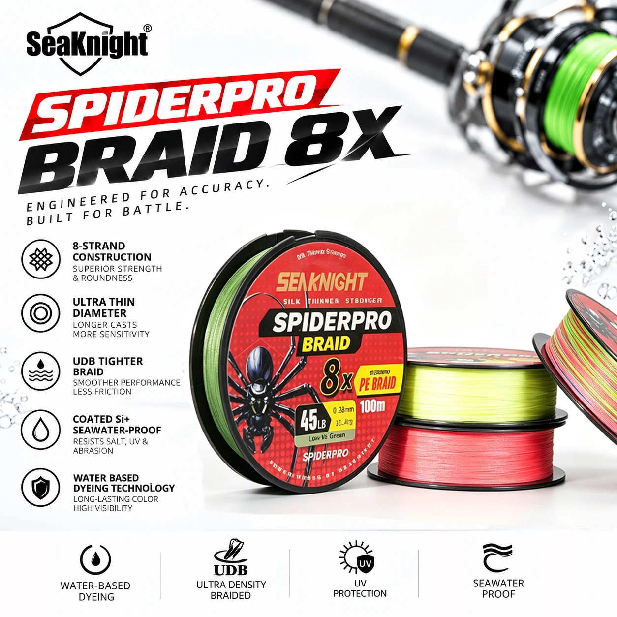 SeaKnight Brand SPIDERPRO X8 Series Braided Fishing Lines 8 Weaves 100M SUPER THIN COATED Si+ SEAWATER-PROOF PE Line 15-100LB