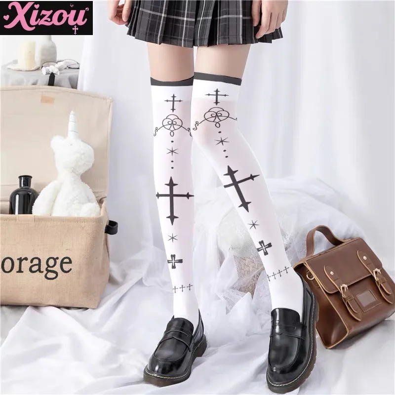Japanese Yabi y2k printed stockings thin women's spring autumn Lolita cute sweet anime kneee-length white velvet socks female
