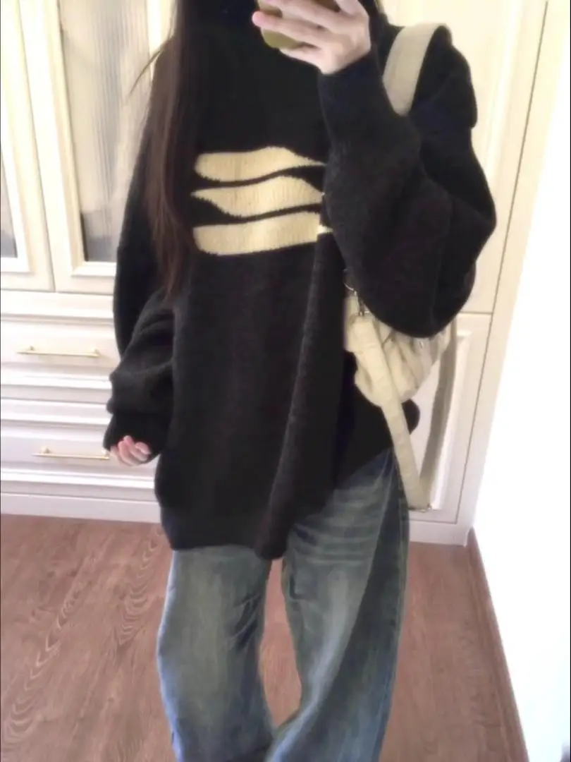 Weicher, gemütlicher, runder Damen-Strickpullover, lockere Passform, Herbst-Winter, neuer Stil, vielseitige Strickwaren, lässig, bequem, lange Ärmel...