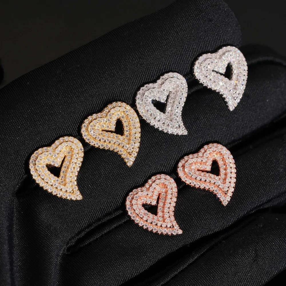 S925 Silver Heart Shape Moissanite Stud Earrings Screw Back Hiphop Rock Men Women White Gold Love Earrings Pass Tester Gra Gift