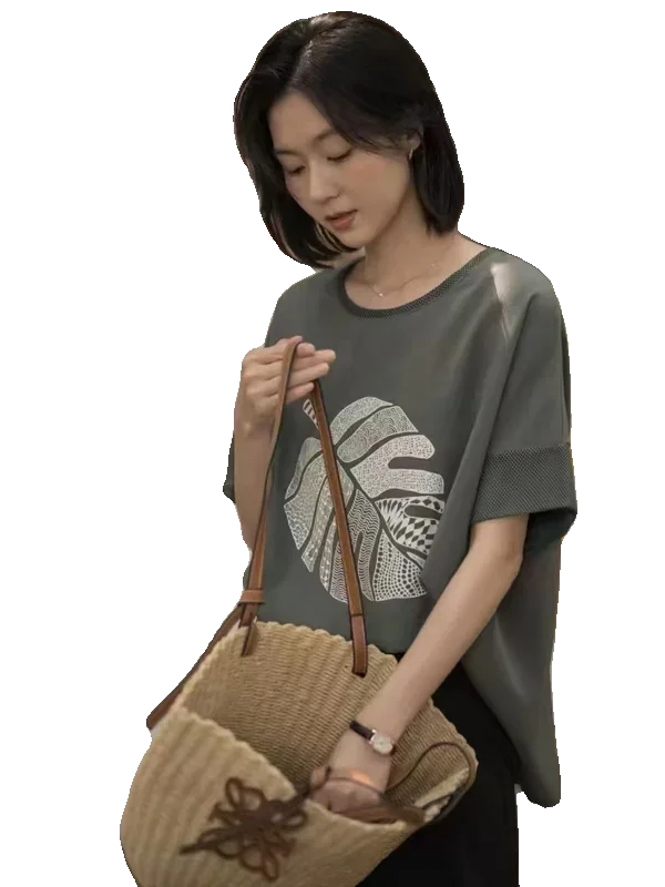 women loose mother cotton tops summer casual tees printed leaf t shirts