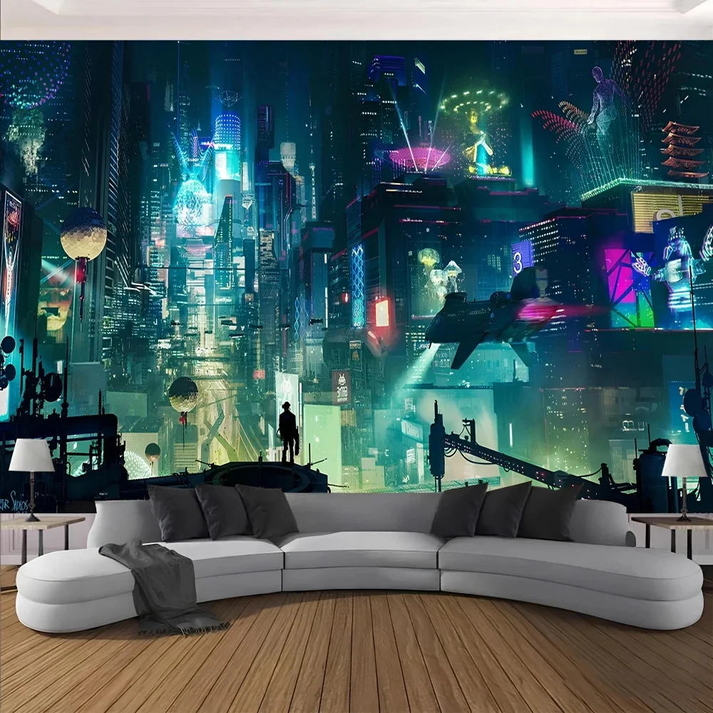 Cyberpunk Night City View Neonlichter Wandteppich, Anime Wandbehang Dekor, Cyberpunk Landschaft City Sky Line Wandteppich