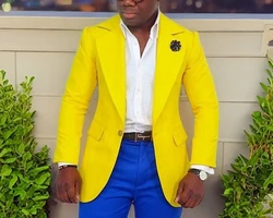 Men's Suit Yellow Jacket with Royal Blue Pants One Button Groom Wedding Prom Party Dinner Tuxedo Custom 2-Piece Set 2025