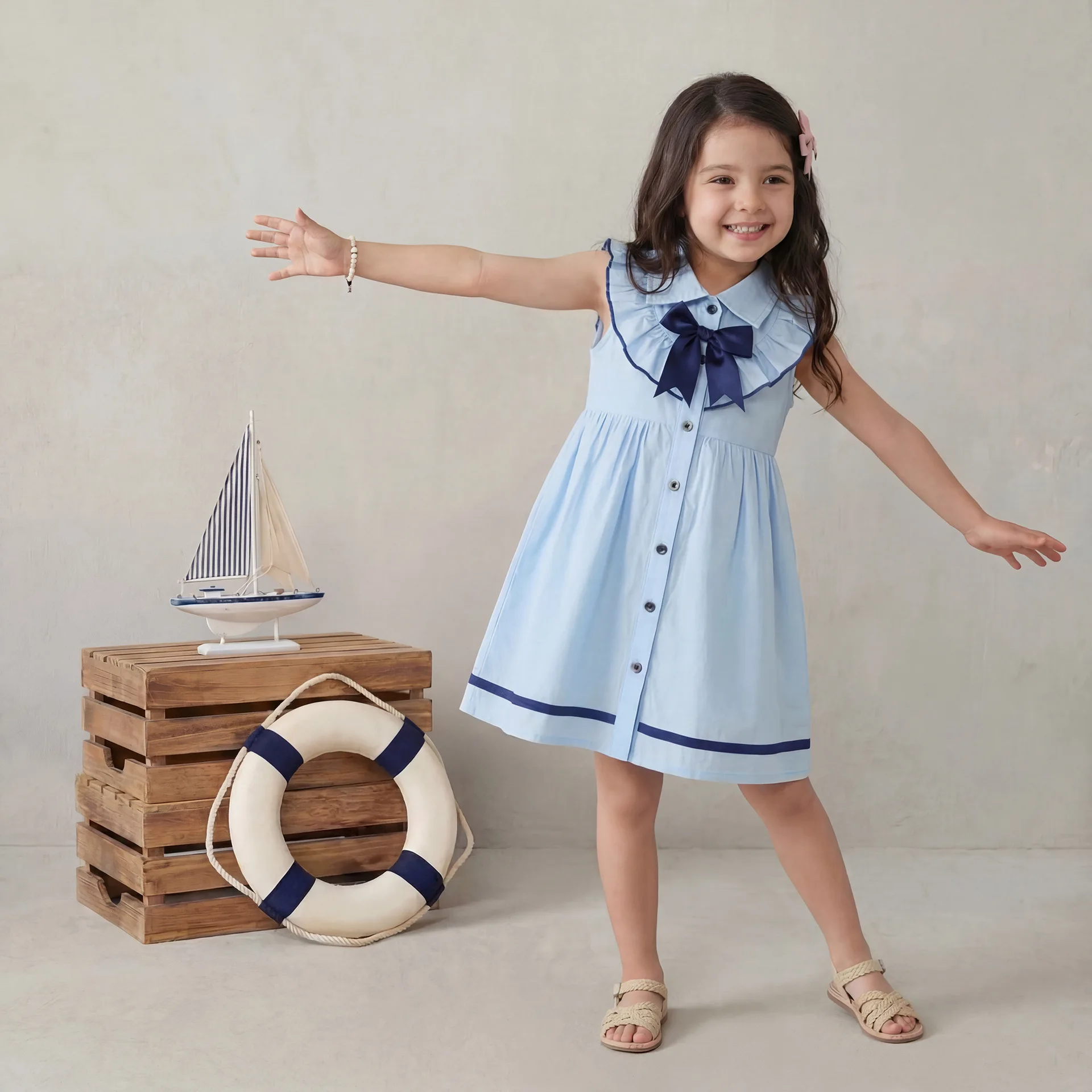 Middle and small children's college wind lapel lace bow sleeveless children's skirt woven cotton summer dress children's dress