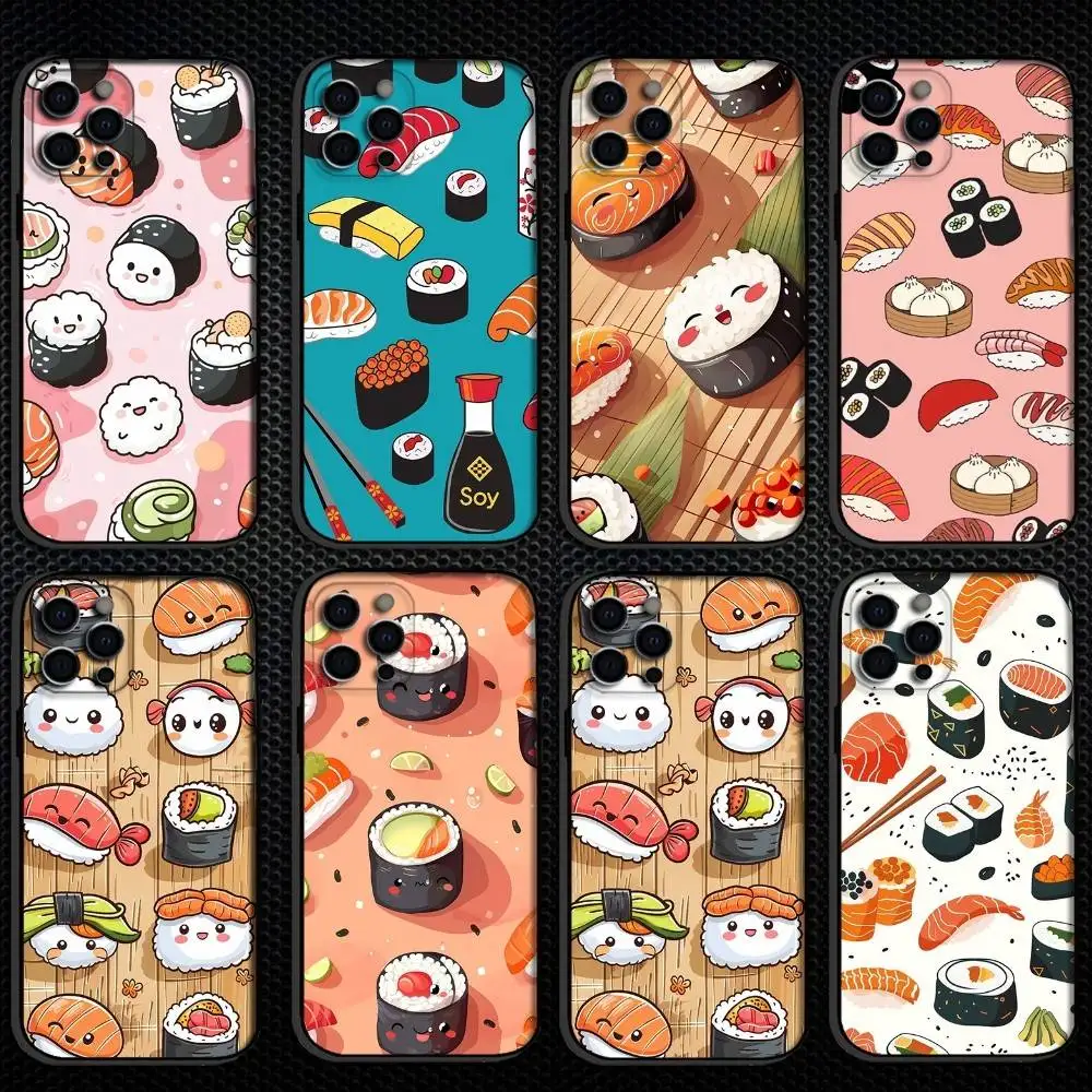

Kawaii Sushi Party Phone Case For iPhone 16,15,14,13,12,11 Plus,Pro Max, Others Soft Black Cover