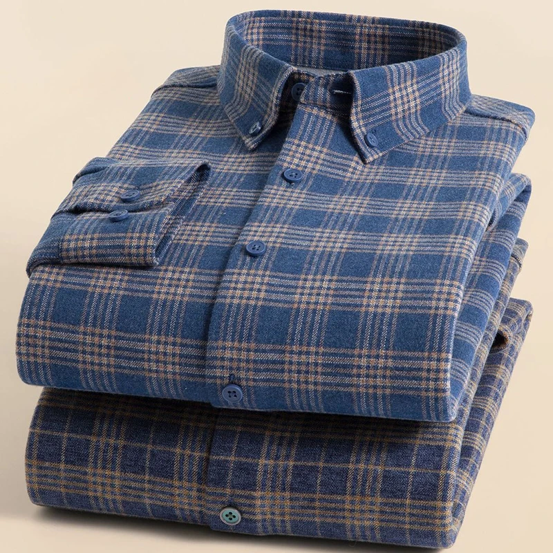 Men's Plaid Long Sleeve Shirt Fleece Lined Warm Thick Cotton Shirts Winter Business Casual Shirts for Middle‑aged &Yong Men