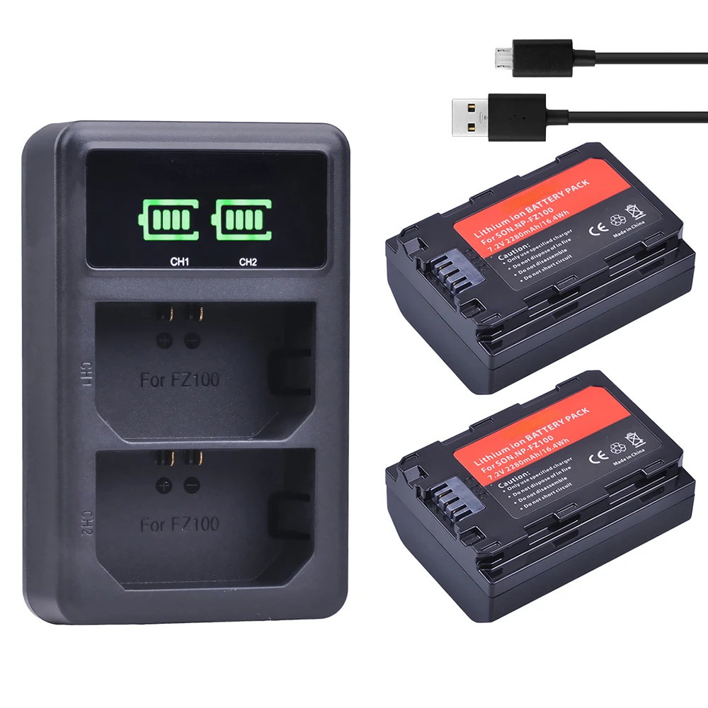 2Pcs 2280mAh NP-FZ100 Battery + LED Dual USB Charger for Sony NP-FZ100 BC-QZ1 Sony a9 a7R III a7 III A6600 Battery