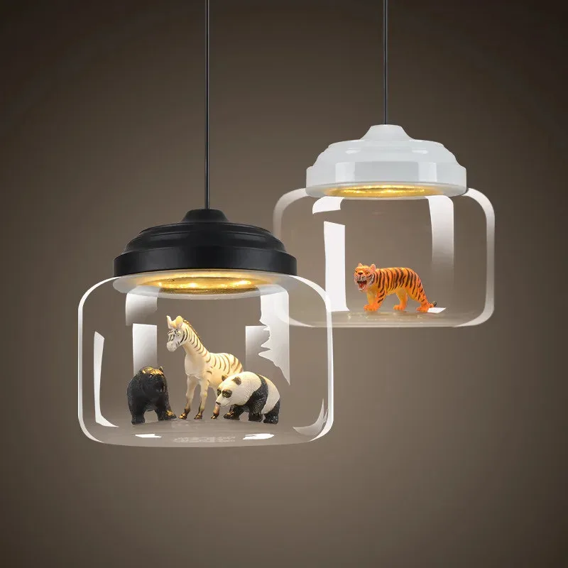 Modern LED Pendant Light Glass Lampshade Animal Lighting Fixture Reading Children Living Room Cute Decor Hanging Suspension Lamp