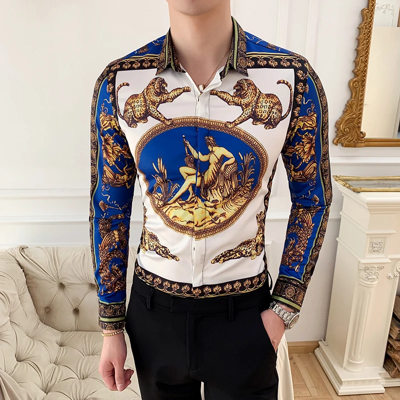 

Fashion Gold Leopard Print Slim Fit Shirt Men Camisa Masculina Long Sleeve Casual Shirts Autumn New Mens Club Social Top 6XL