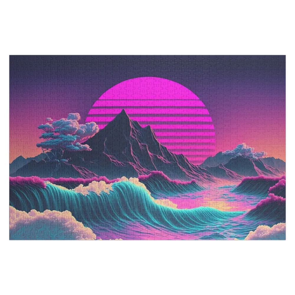 

Coastal Cosmos: A Vaporwave Sunset Overlooking the Ocean Jigsaw Puzzle Personalized Toy With Personalized Photo Puzzle