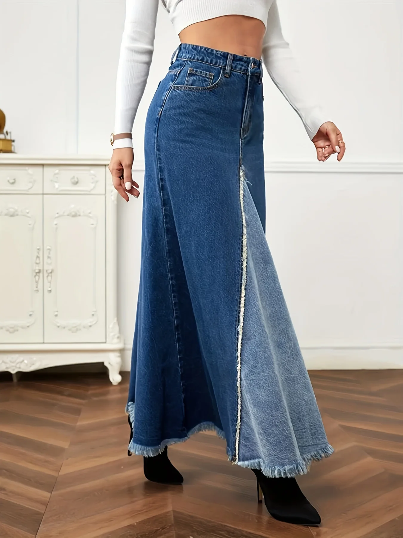 

Long Skirt Women Vintage Denim Skirts Patchwork High Waist Washed Distressed Pockets Casual A Line 2025 Female Streetwear