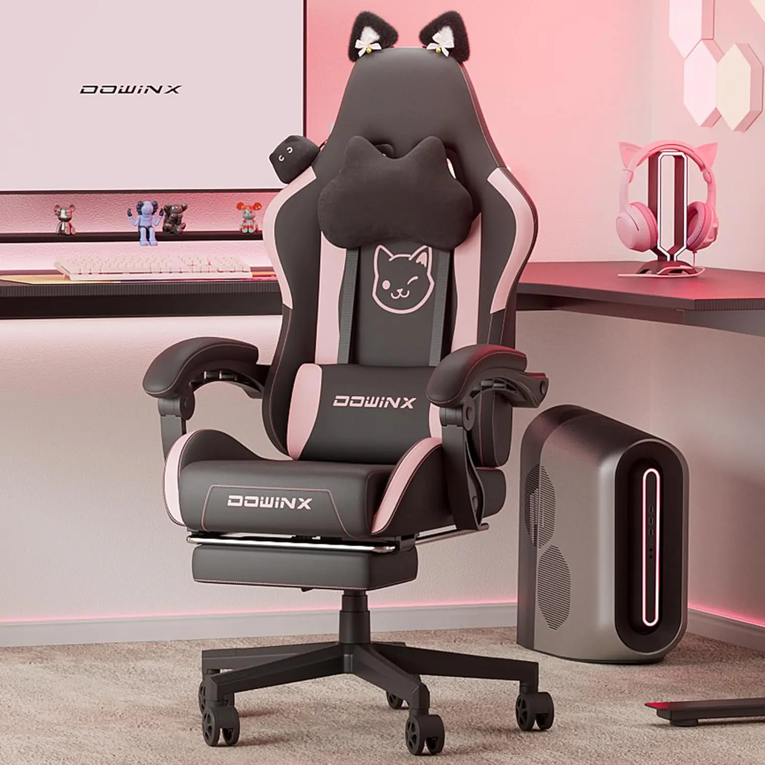 Dowinx Gaming Chair Leuk met kattenoren en massage lendensteun, ergonomische computerstoel voor meisjes met voetsteun en hoofdsteun