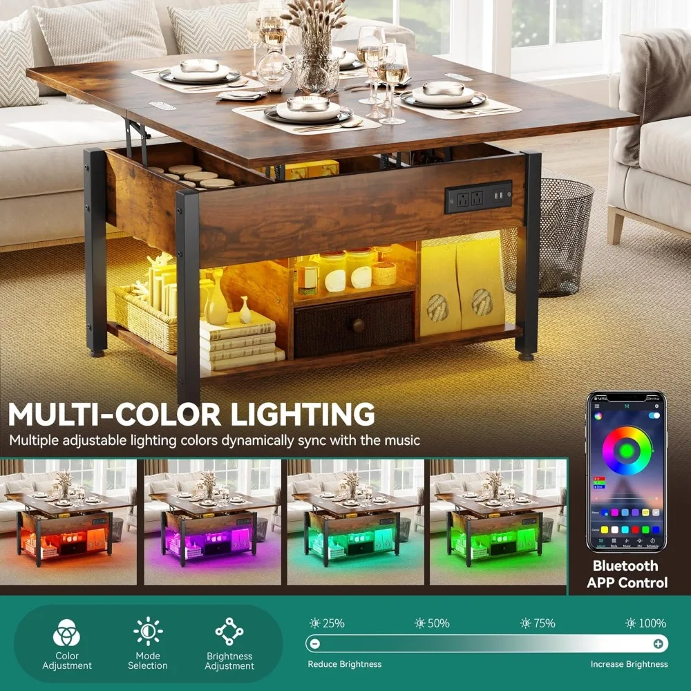 4-in-1 Lift Top Coffee Table with RGB Light & Dual Tops, Multi-Function Table with Power Outlets, Storage, Converts to Dining T