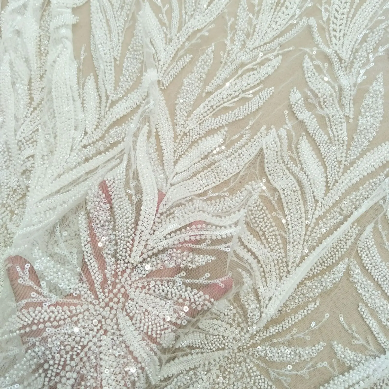 Bridal sequins with beads 130cm width 130cm width wedding gown dress lace fabric sell by yard