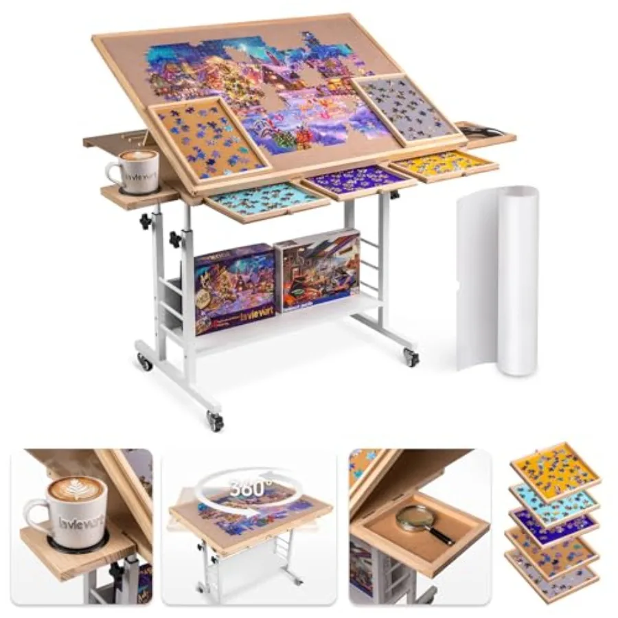 

1500 Piece Tilting Puzzle Table with 5 Drawers and Cover, Angle and Height Adjustable Puzzle Board with Removable Cup Holder an
