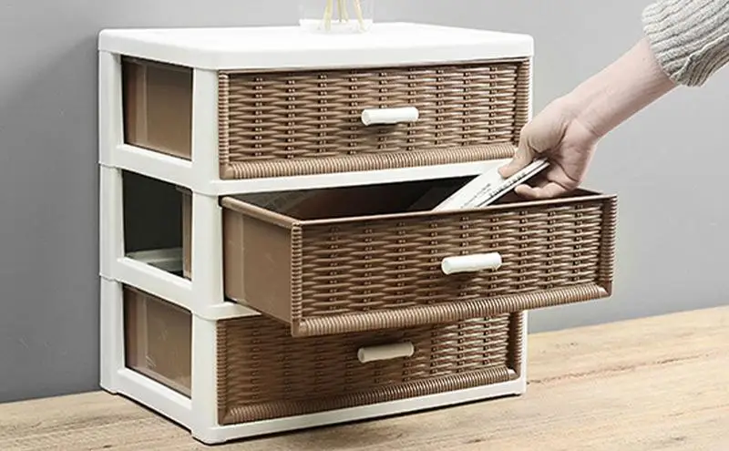 Imagem -03 - Recipientes de Armazenamento com Gavetas Organizador de Desktop de Rattan de Imitação Empilhável Suprimentos Organizadores Classificados com Alças