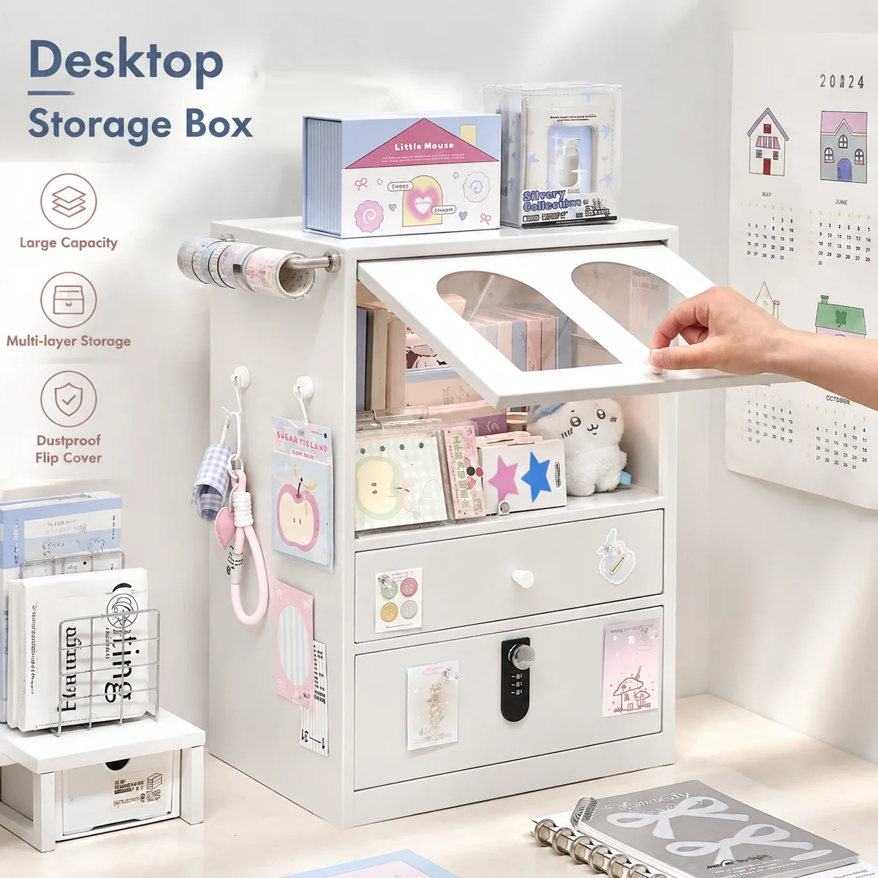 Pink Steel Flip-Top File Cabinet with Lock – Heavy-Duty Desk Organizer for Papers, Stationery & Office Supplies