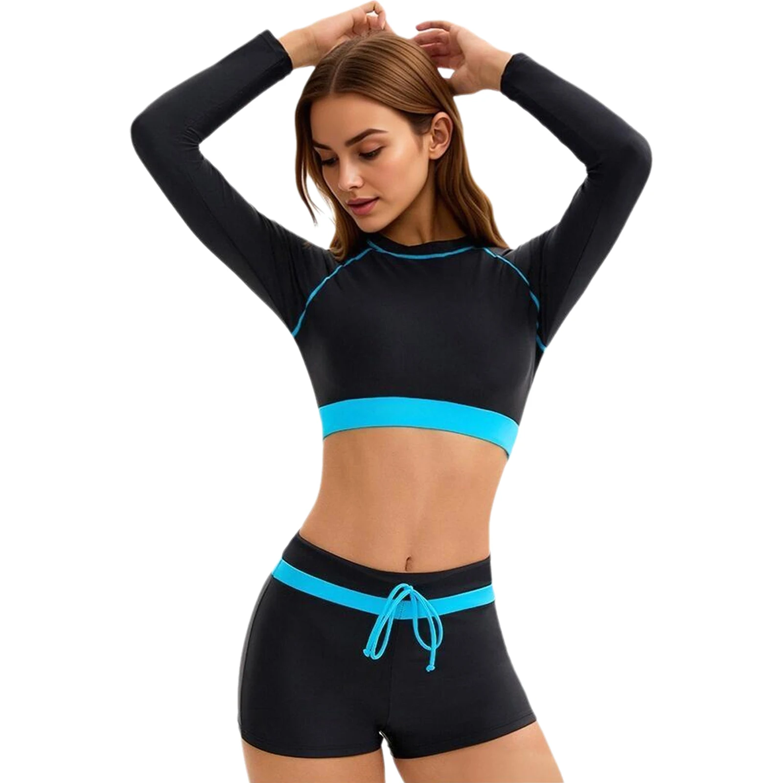 

Женский купальник из двух частей с длинными рукавами, защита от ультрафиолета, укороченный топ с шортами, пляжный купальный костюм, спортивная одежда