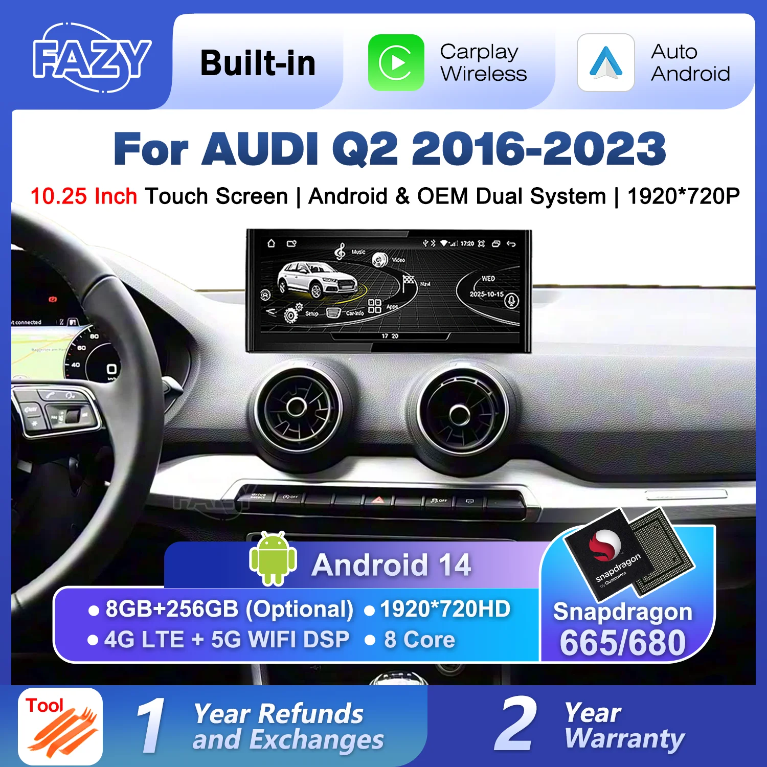 10.25'' Android 14 Auto Radio Wireless Carplay For Audi Q2 2016-2023 Car Stereo Multimedia Player GPS Navigation DSP 4G SIM WIFI