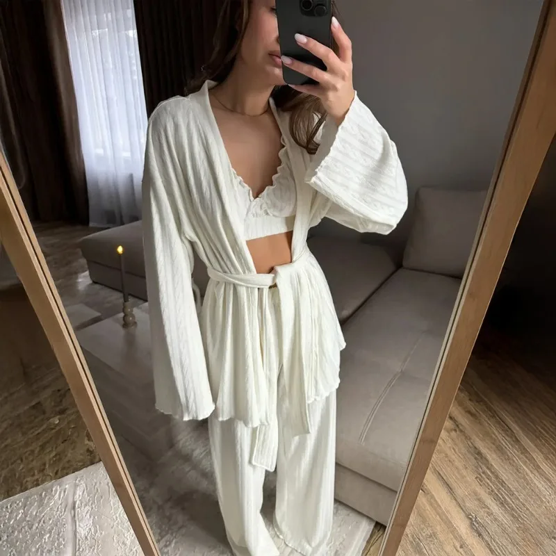 

Three Piece Autumn Winter Knitted Loungewear Set Women Soft Long Sleeve Robe Pajama Top Breathable Long Pants L Size Casual Cozy