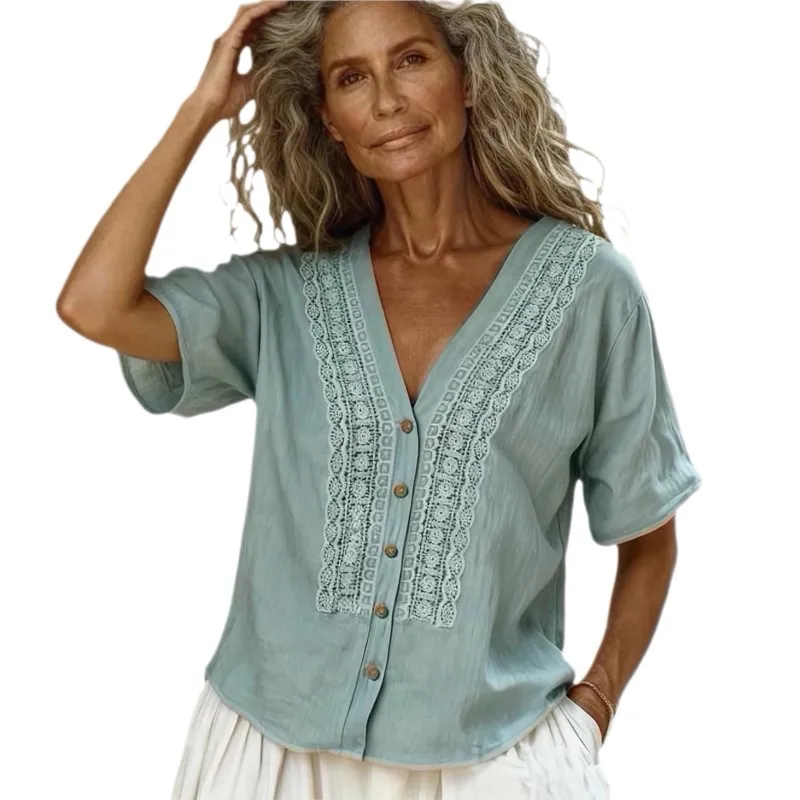 

Новая летняя женская рубашка с V-образным вырезом и коротким рукавом, свободный топ на пуговицах, модная элегантная повседневная женская одежда, топы и блузки