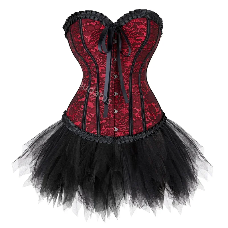 

Corset Skrit Dress Tutu Set Overbust With Lace Costume Party Sexy Burlesque Ladies Outfit Plus Size Gothic Halloween Renaissance