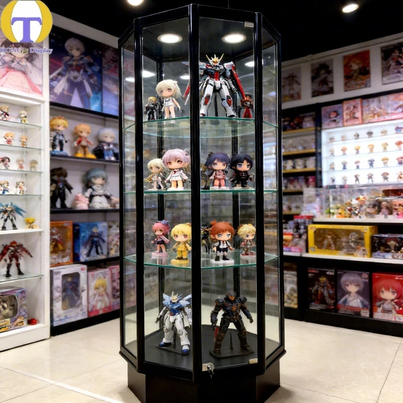 custom.Hexagonal Tempered Glass LED Lighting Lockable Heavy Duty Eco-Friendly Tall Display Cabinet Retail Showroom and Colle