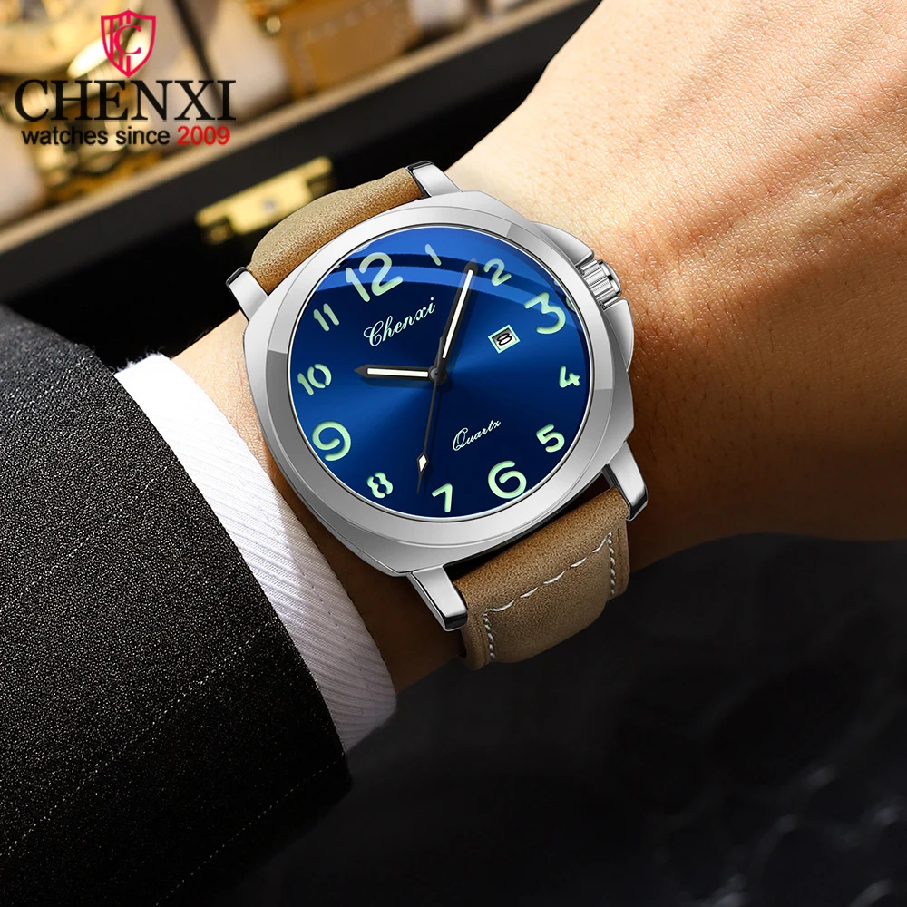 CHENXI الفاخرة العلامة التجارية الأعلى ساعة كوارتز رجالية جلد طبيعي مقاوم للماء مضيئة التقويم عالية الجودة الأعمال ساعة اليد عادية