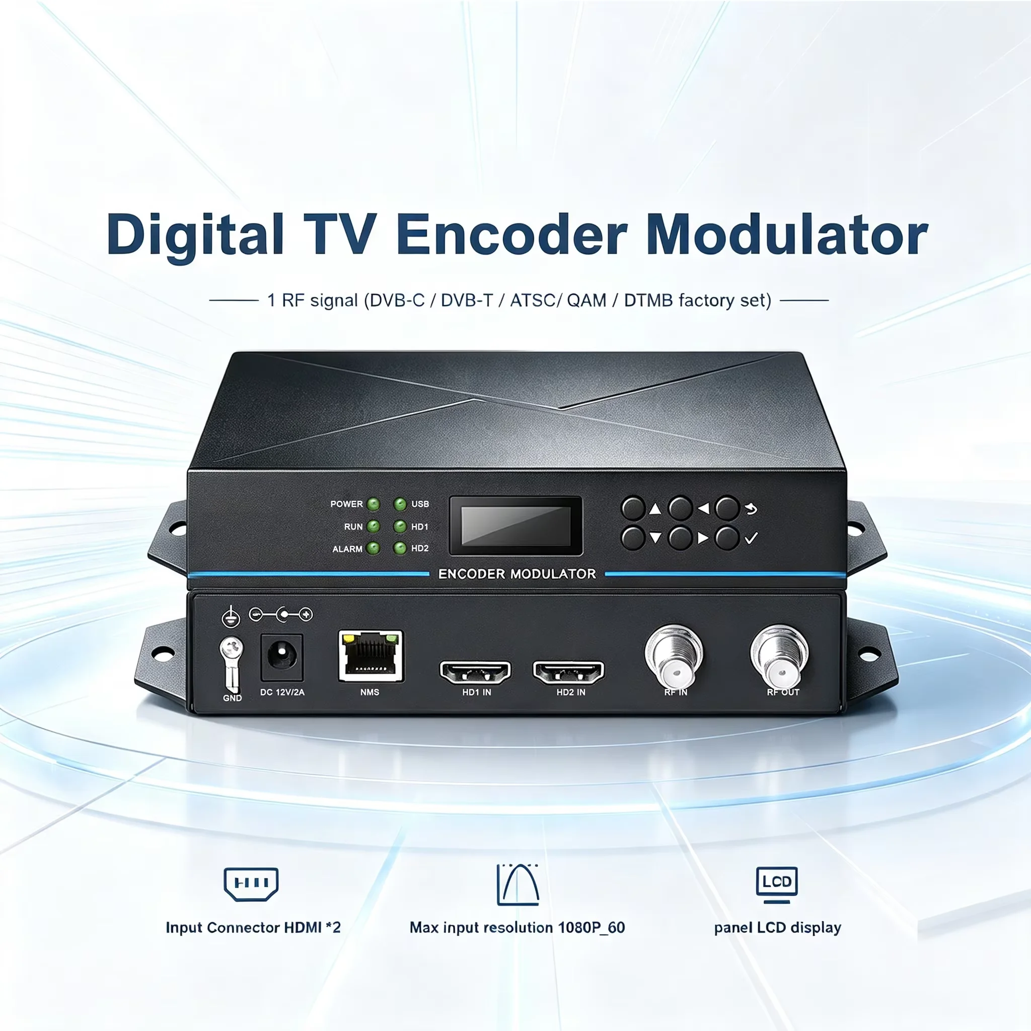2-channel HD to RF DVB-T/T2 DVB-C ATSC ISDBT DTMB HDTV Modulator Hotel TV System HDmi Encoder Modulator