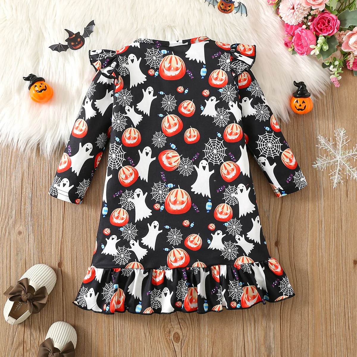 Toddler Girls Halloween Cartoon Dress Flutter Sleeve Elf Pumpkin Lantern Allover Print Ruffle Hem Lace Casual Dress
