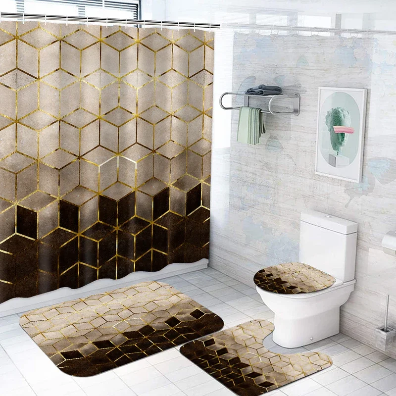 Brown Honeycomb Gradient Plaid Shower Curtain Bathroom Floor Mat 4pcs Advanced Shower Curtain Decorative with Plastic Hook