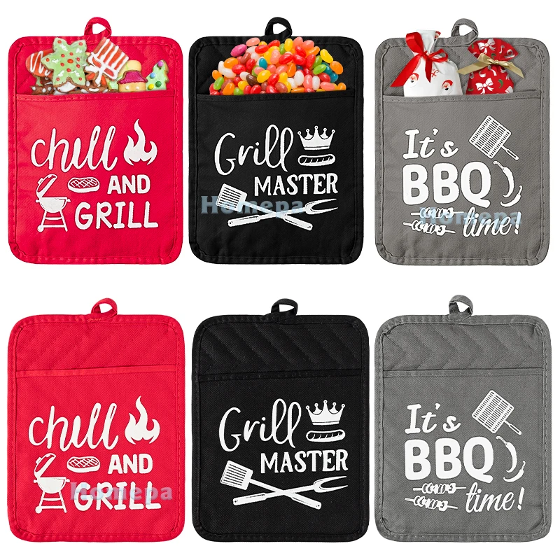 

6Pcs BBQ Pot Holder with Pocket Kitchen Oven Mitts Funny Sayings Hot Pads Table Placemat Bakers Accessories Housewarming Gifts