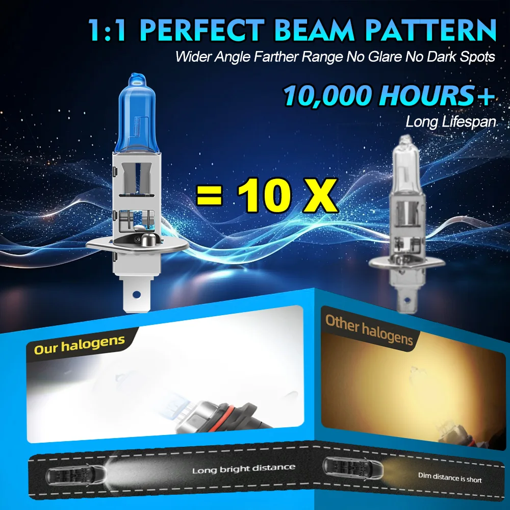 2/4Pcs H1 100W Car Halogen Headlights Bulbs 12V Super Bright Fog Lights 30000LM 6000K White Car Lights 1:1 Mini Size Easy to Fit