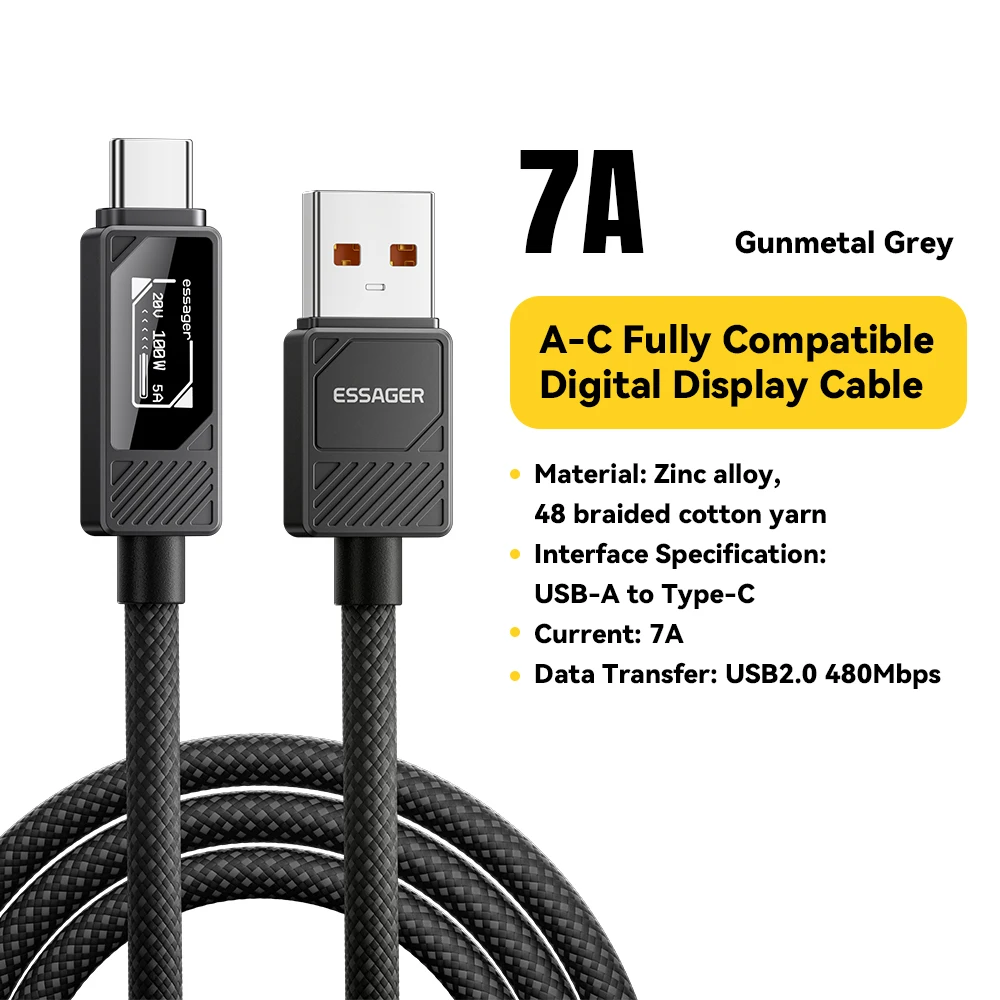 ESSAGER 100 W Typ-C-Kabel mit Digitalanzeige PD-Schnellladekabel für MacBook Pro/Air iPhone 16/15/14 iPad USB-C-Kabel