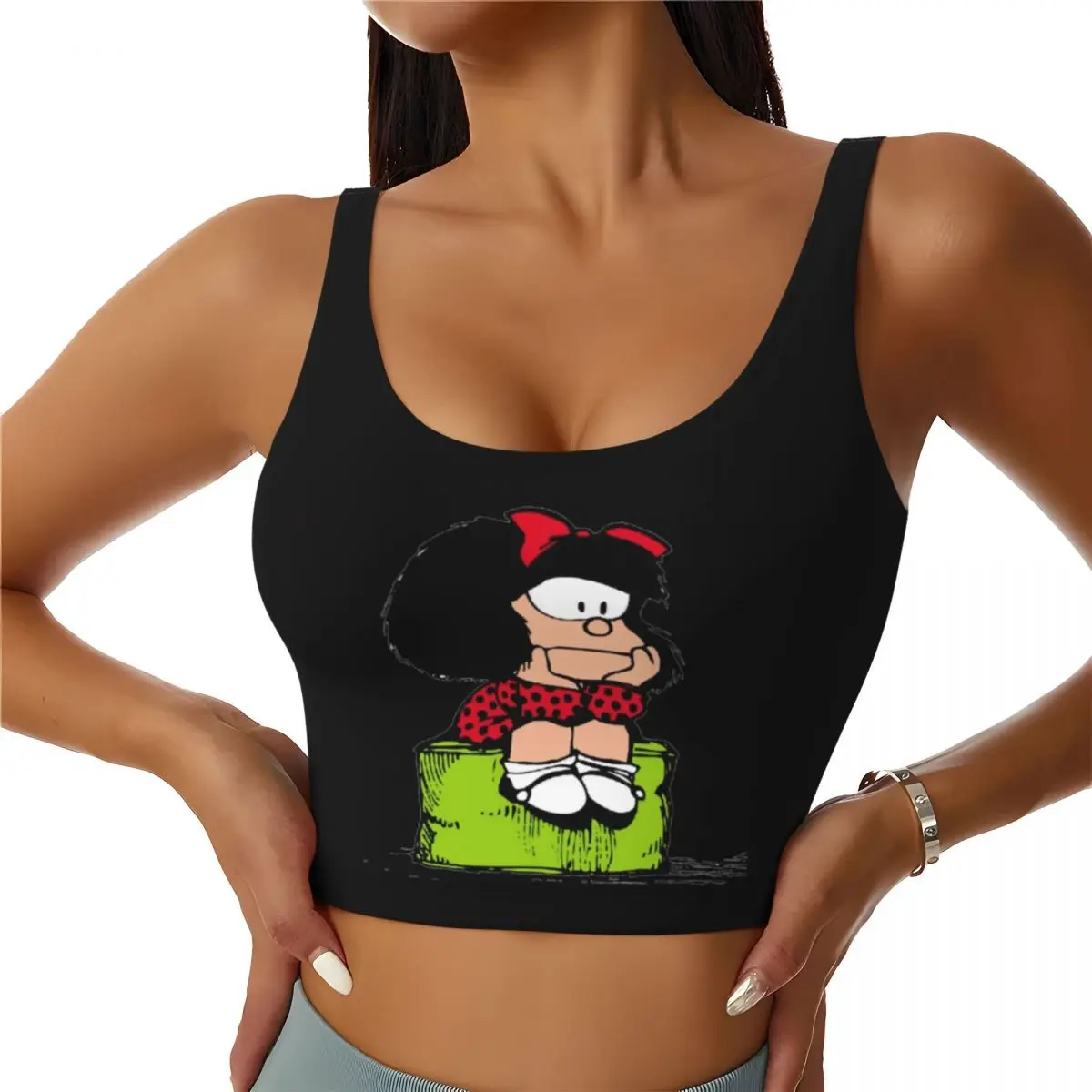 Custom Mafalda Thinking Workout Crop Tank Tops for Women Quino Comic Cartoon Running Sports Bras