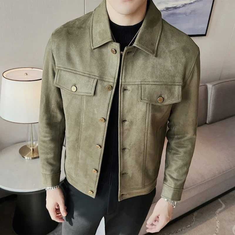 Autumn Winter Men\'s Suede Jacket Thick Casual Business Windproof Jacket Slim Fit Social Streetwear Windbreaker Coat Men Clothing