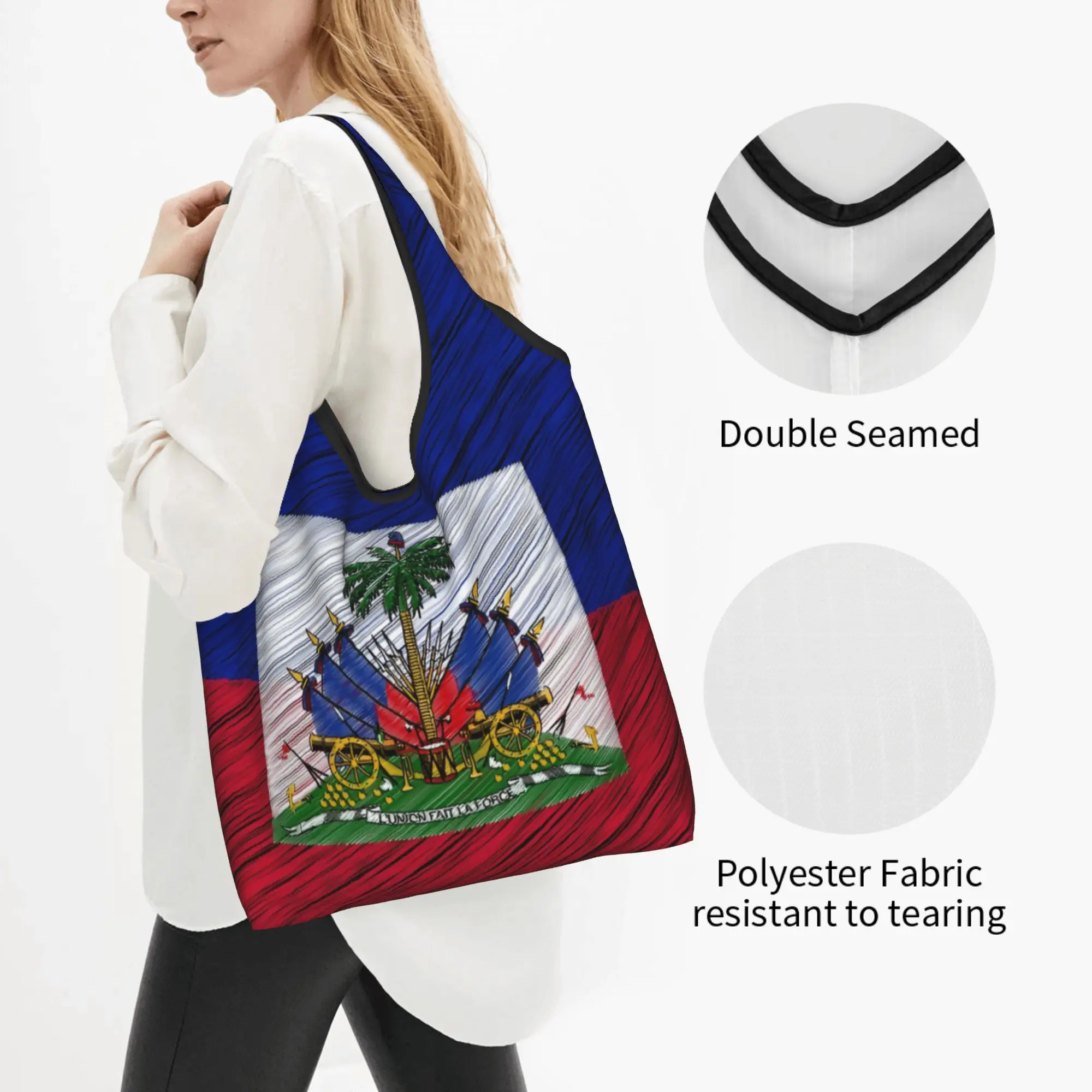 Recycling The National Emblem of Haiti Logo Shopping Bag Women Tote Bag Portable  Groceries Shopper Bags