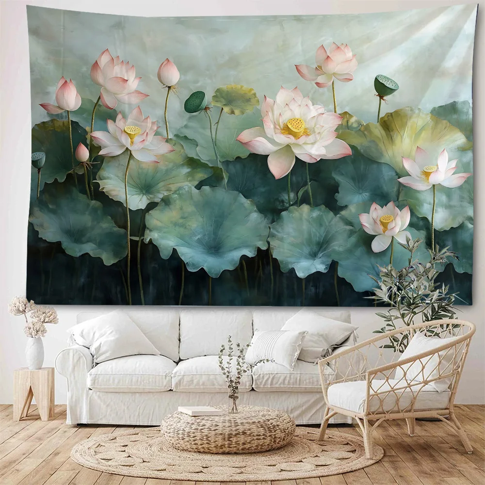 Chinese style green and beautiful lotus leaf decorative tapestry, home bedroom living room decorative tapestry