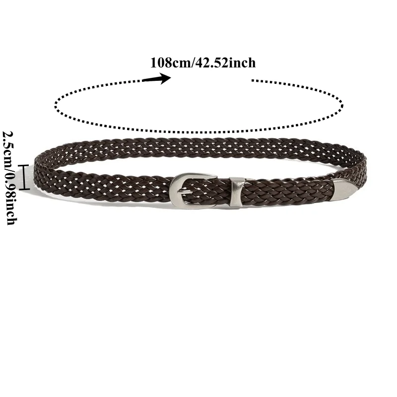 Trendy Punk-Style Braided Black Metal Buckle Belt Niche Versatile Dark-Colored Braided Belt No-Hole Design, Unisex