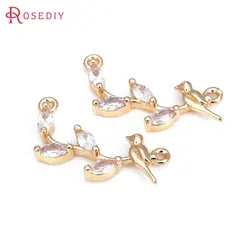 10PCS 18K Gold Color Brass and Zircon 2 Holes Branches and Bird Connect Charms Pendants Diy Jewelry Making Necklace Accessories