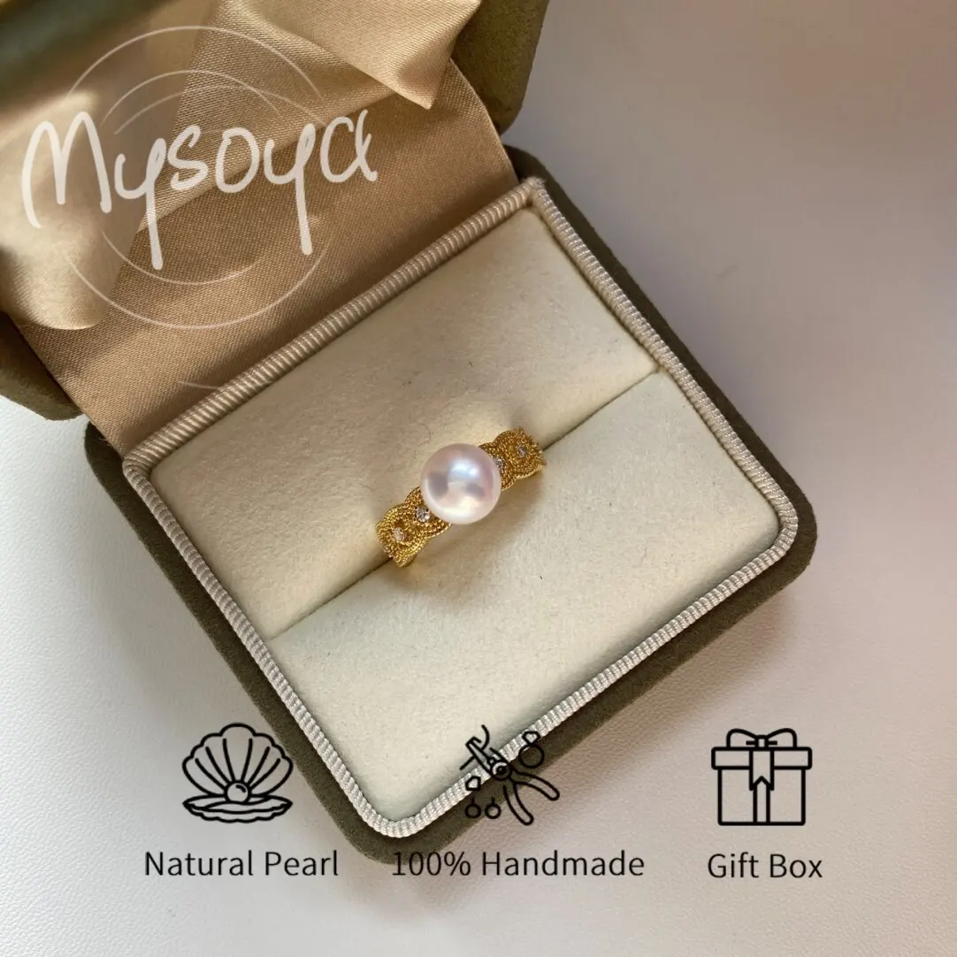 

MYSOYA White Steamed Bread-shaped Freshwater Pearl Lace Ring 8-9mm With Gift Box for Her/Him Birthday/Wedding/Christmas Gift