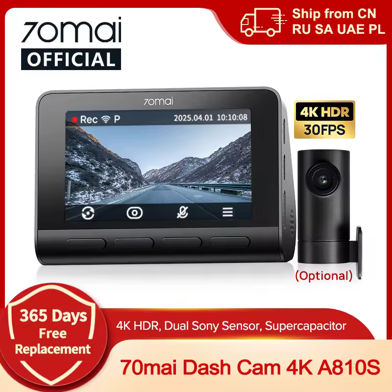 מצלמת דרך 70mai דגם A810S HDR IMX678 עם קבל-על, 4G LTE, שלט רחוק, Wi-Fi 6, שליטה קולית, GPS, ADAS