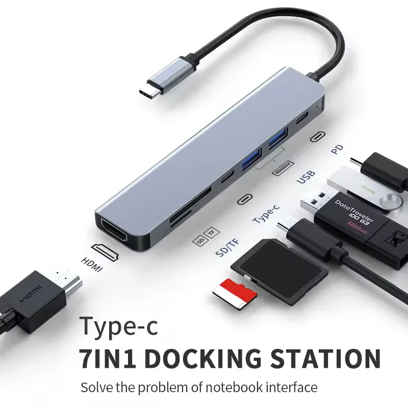 7-in-1 Type-C Hub With 4K30Hz HDMI2.0 PD100W Power USB2.0 and USB3.0 SD/TF Card Reader Adpater For SamsungS10/NOTE/Huawei/OPPO