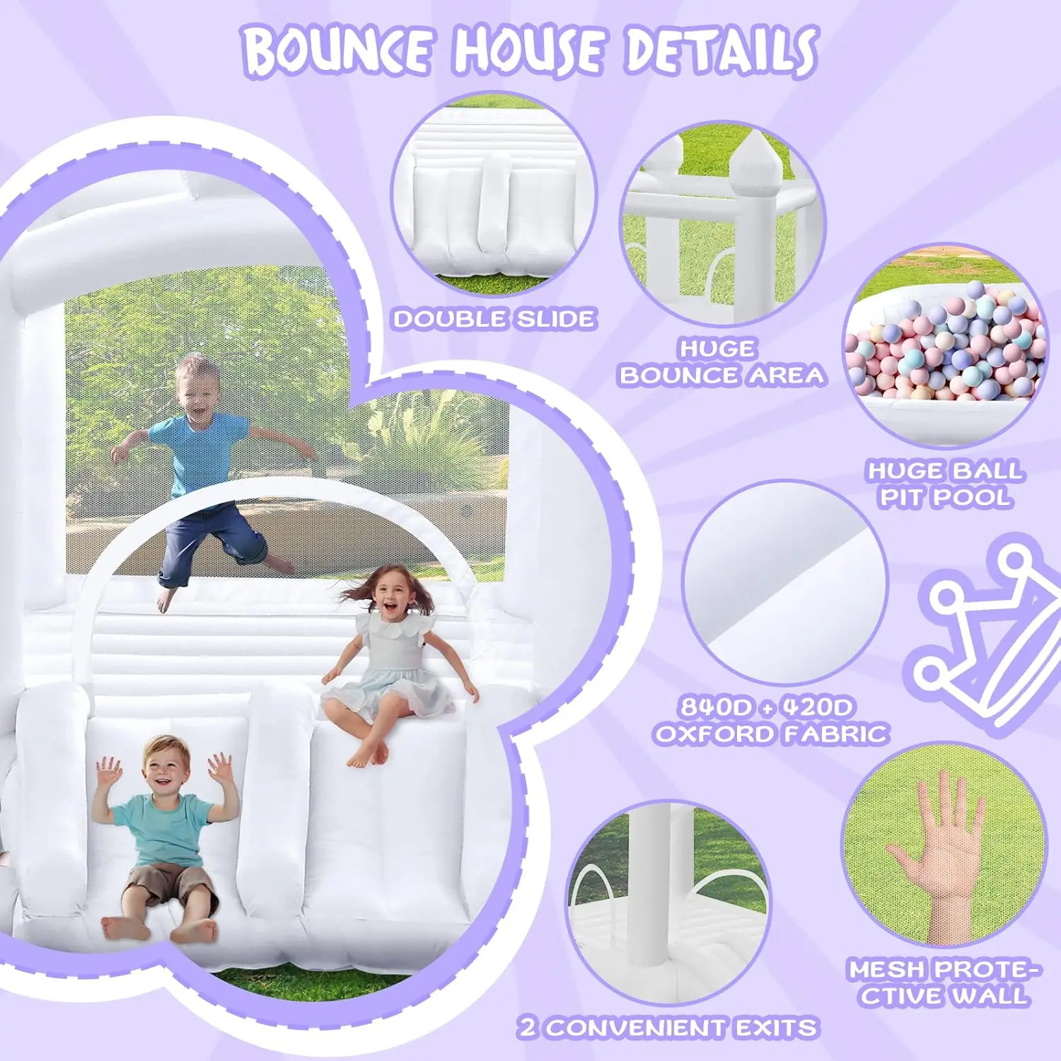 Bounce House ปราสาทเป่าลมพร้อม Double Slide Ball Pit 370W Blower Bouncer สําหรับเด็กวัยหัดเดิน