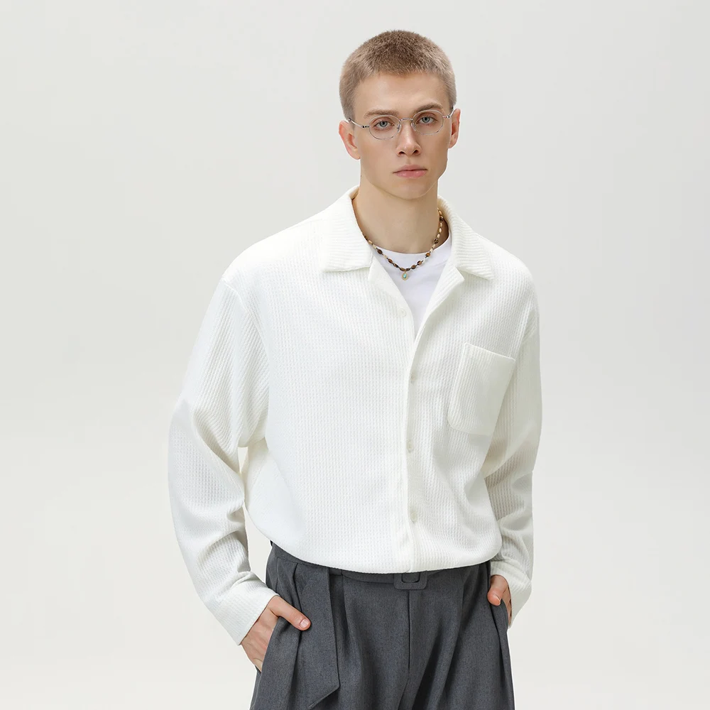 TFETTERS 2025 الخريف الشتاء خمر الكوبية طوق قميص الرجال أنيقة الملمس طويلة الأكمام فضفاضة تناسب قميص رجل مصمم الملابس #3