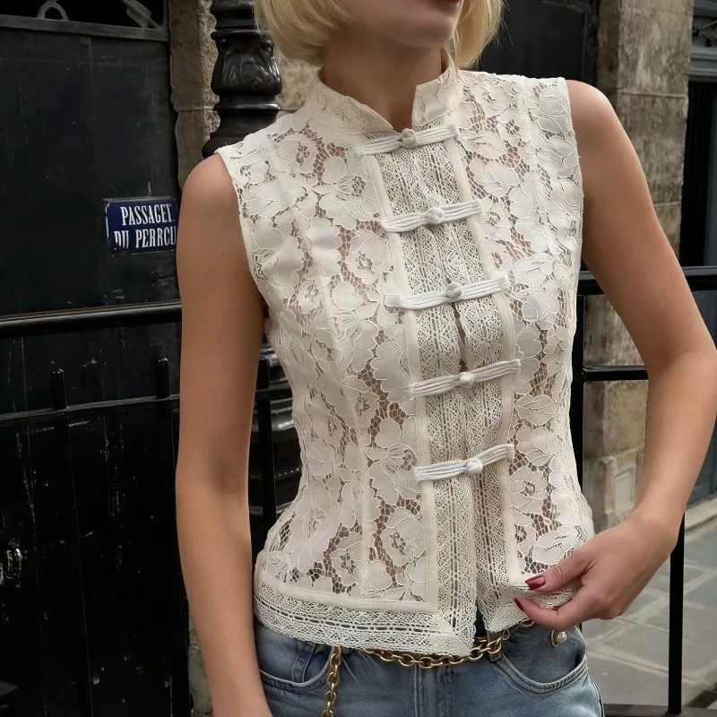 

Tuularose Elegant Lace Blouse Women's Summer Fashion Lace Patchwork Sleeveless Tops New Casual Commuter Chic Slim Female Shirt
