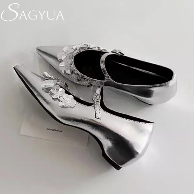 

Flower Marie Janes Shoes Pointed Toe Heeled Sandals Women High Heels Shoes Shallow 2025 Trend Summer Dress Elegant Pumps Mujer